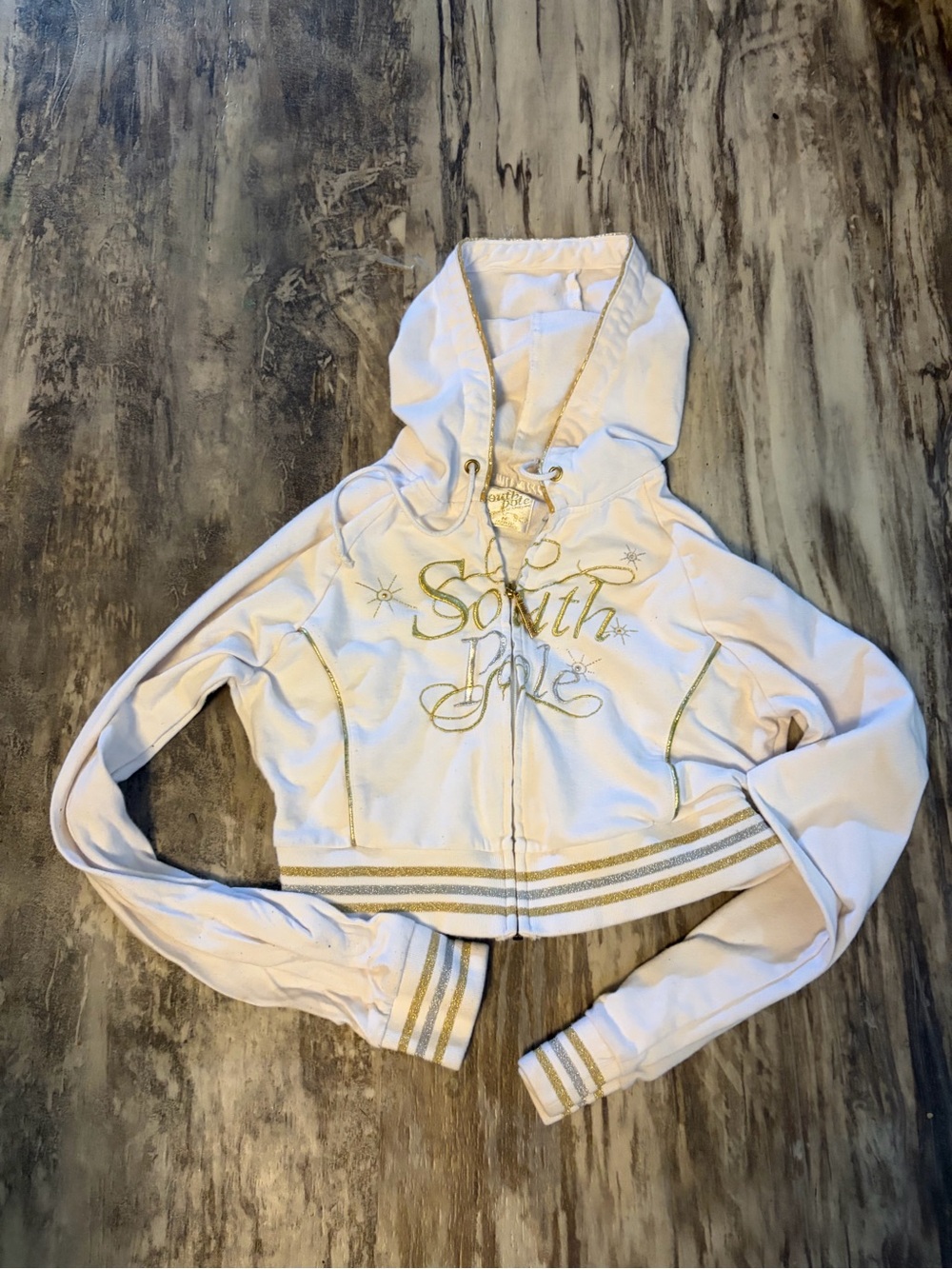 South Pole White Cropped Bomber Jacket with Gold Trim